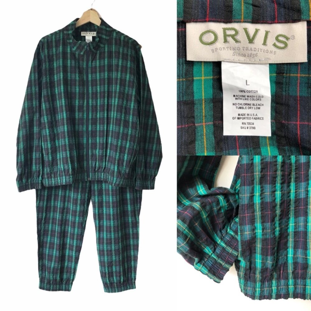 Vintage Orvis Plaid Zip Jacket Matching Pants Suit
